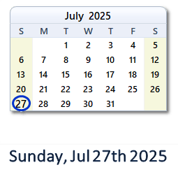 27 July 2025 calendar