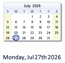 27 July 2026 calendar