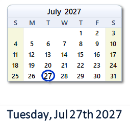 27 July 2027 calendar