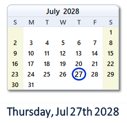 July 27, 2028 calendar