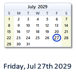 July 27, 2029 calendar