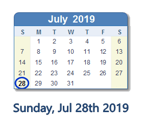 July 28, 2019 calendar