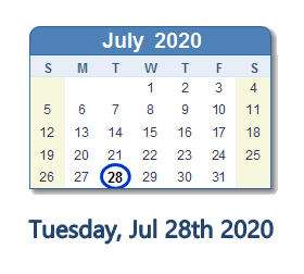 July 28, 2020 calendar