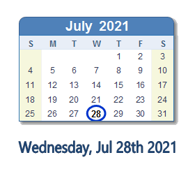 July 28, 2021 calendar