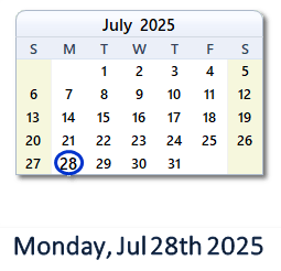 28 July 2025 calendar