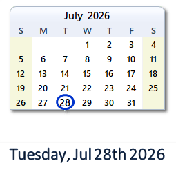 28 July 2026 calendar
