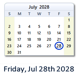 July 28, 2028 calendar