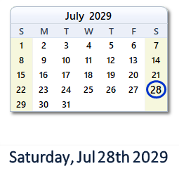 July 28, 2029 calendar