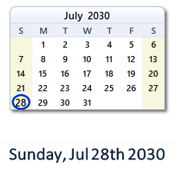 July 28, 2030 calendar
