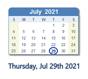 July 29, 2021 calendar