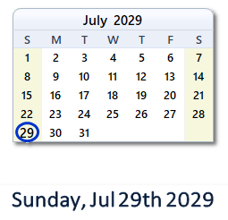 July 29, 2029 calendar
