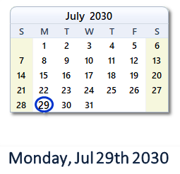 July 29, 2030 calendar