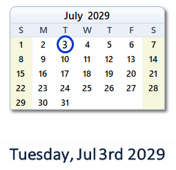 July 3, 2029 calendar