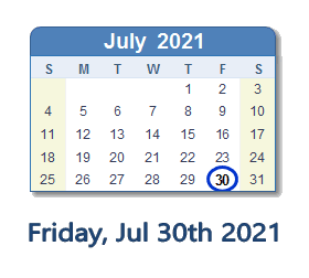 July 30, 2021 calendar