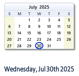30 July 2025 calendar