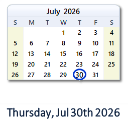 30 July 2026 calendar