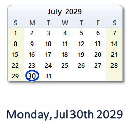 July 30, 2029 calendar