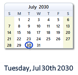 July 30, 2030 calendar