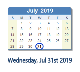 July 31, 2019 calendar