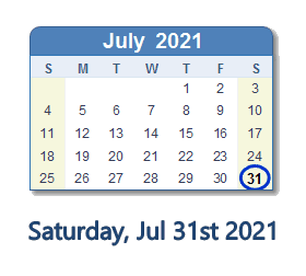 July 31, 2021 calendar