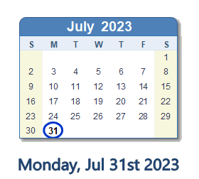 31 July 2023 calendar