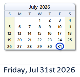 31 July 2026 calendar