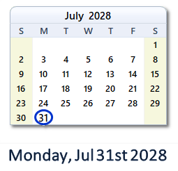 July 31, 2028 calendar
