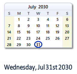 July 31, 2030 calendar