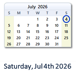 4 July 2026 calendar