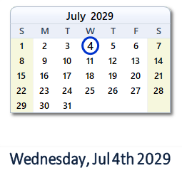 July 4, 2029 calendar