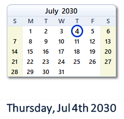 July 4, 2030 calendar