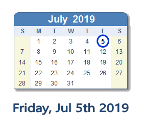 July 5, 2019 calendar