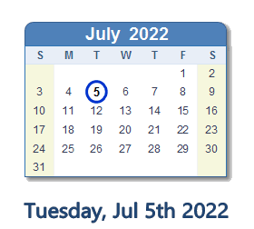 5 July 2022 calendar