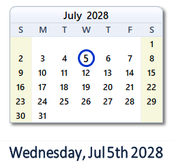 July 5, 2028 calendar