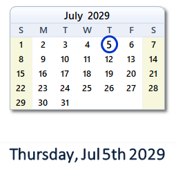 July 5, 2029 calendar