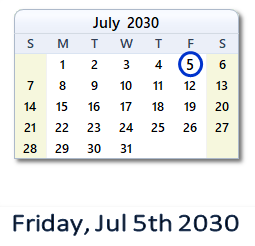 July 5, 2030 calendar