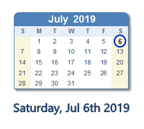July 6, 2019 calendar