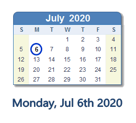 July 6, 2020 calendar
