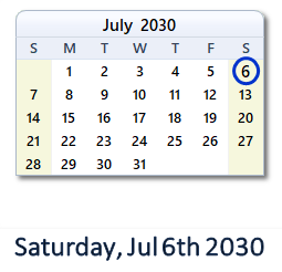 July 6, 2030 calendar