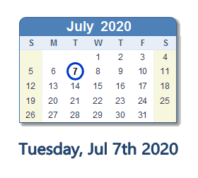 July 7, 2020 calendar