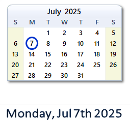 July 7, 2025 Calendar with Holidays & Count Down - USA