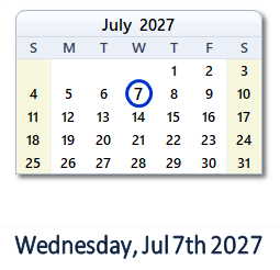 July 7, 2027 calendar