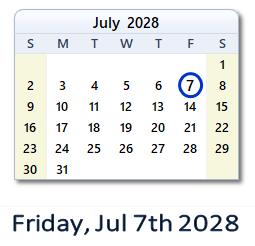 July 7, 2028 calendar
