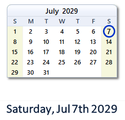 July 7, 2029 calendar