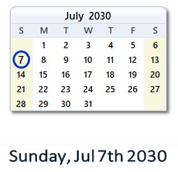 July 7, 2030 calendar
