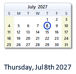 July 8, 2027 calendar