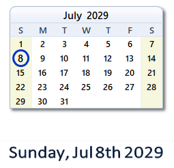 July 8, 2029 calendar