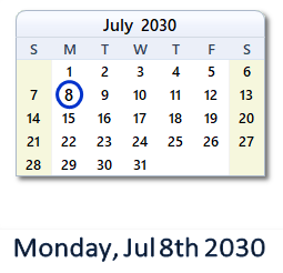 July 8, 2030 calendar