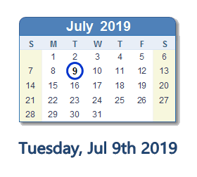 July 9, 2019 calendar