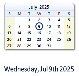 9 July 2025 calendar